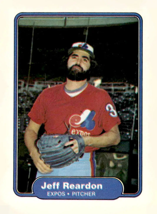Vintage 1982 Fleer Jeff Reardon baseball card in red uniform with glove