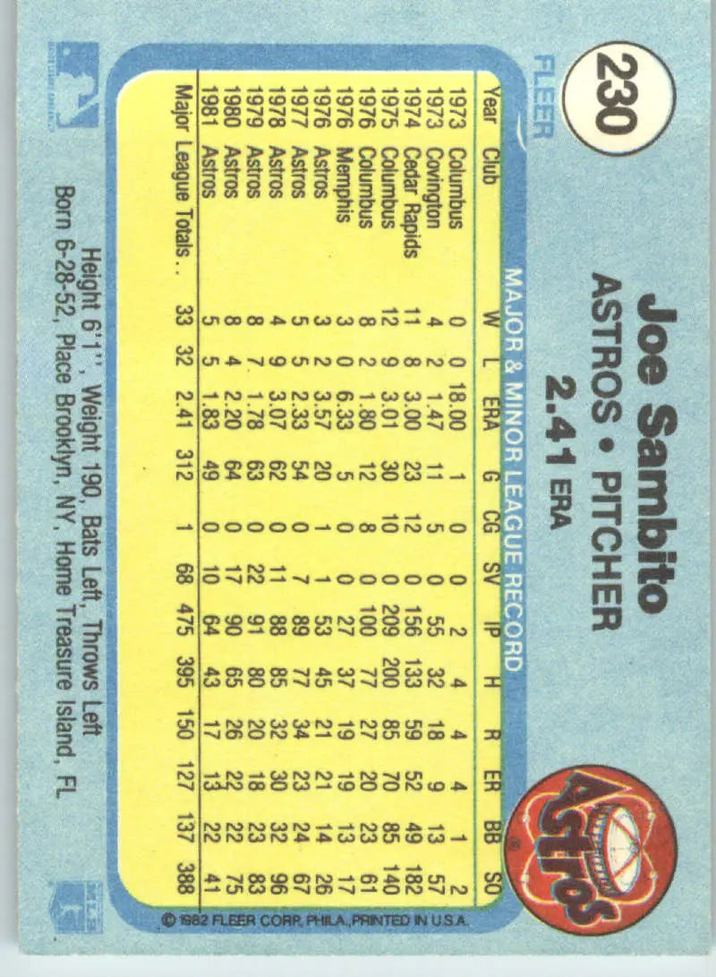 1982 Fleer #230 Joe Sambito EX Excellent Houston Astros Baseball Card - Baseball Card Single