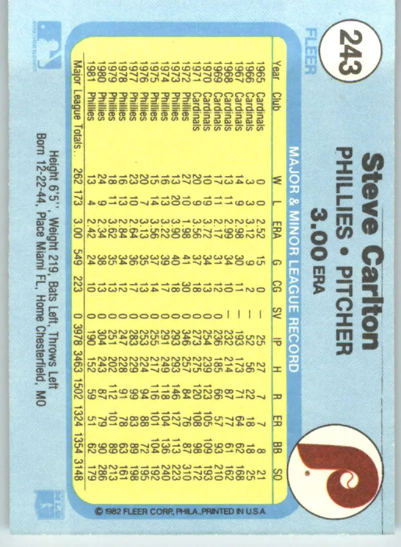 1982 Fleer #243 Steve Carlton EX Excellent Philadelphia Phillies Baseball Card - Baseball Card Single