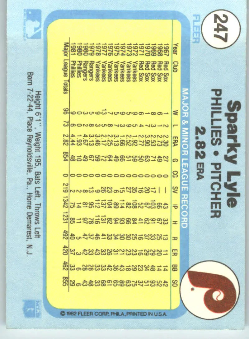 1982 Fleer #247 Sparky Lyle EX Excellent Philadelphia Phillies Baseball Card - Baseball Card Single