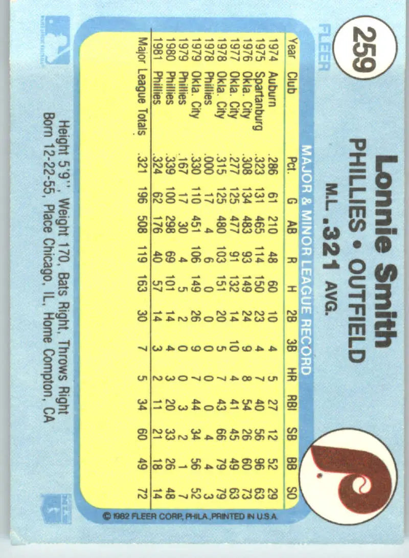 1982 Fleer #259 Lonnie Smith EX Excellent Philadelphia Phillies Baseball Card - Baseball Card Single