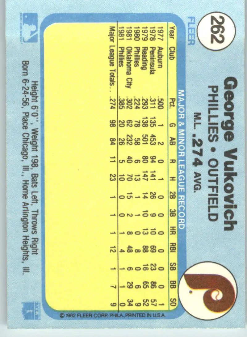 1982 Fleer #262 George Vukovich EX Excellent Philadelphia Phillies Baseball Card - Baseball Card Single
