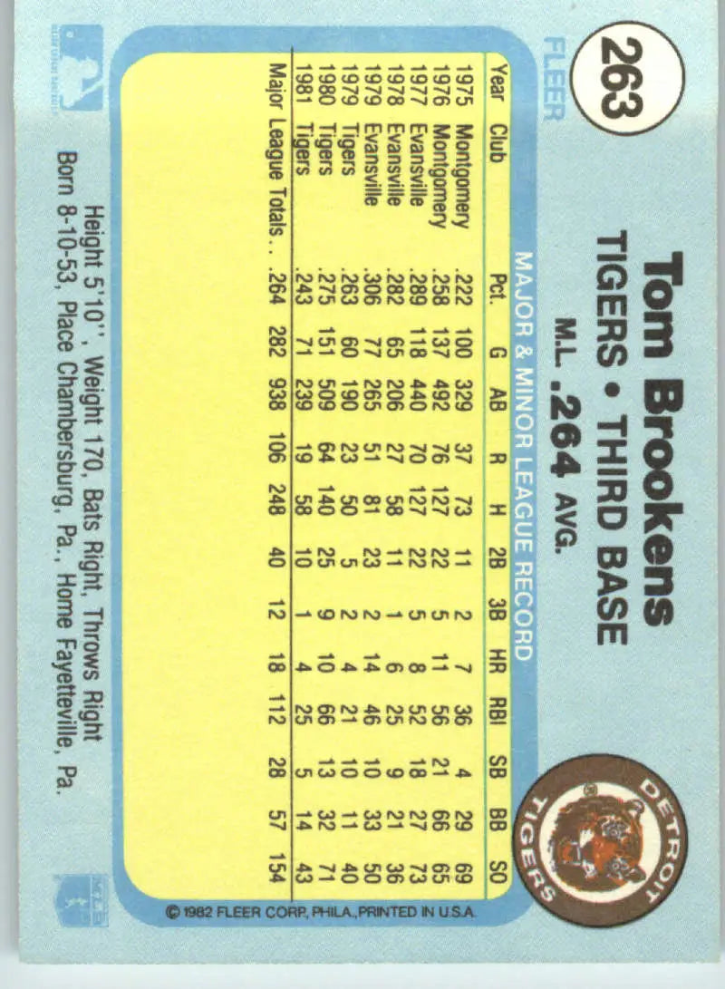 1982 Fleer #263 Tom Brookens EX Excellent Detroit Tigers Baseball Card - Baseball Card Single