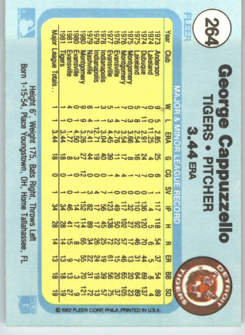1982 Fleer #264 George Cappuzzello EX Excellent RC Rookie Detroit Tigers Baseball Card - Baseball Card Single