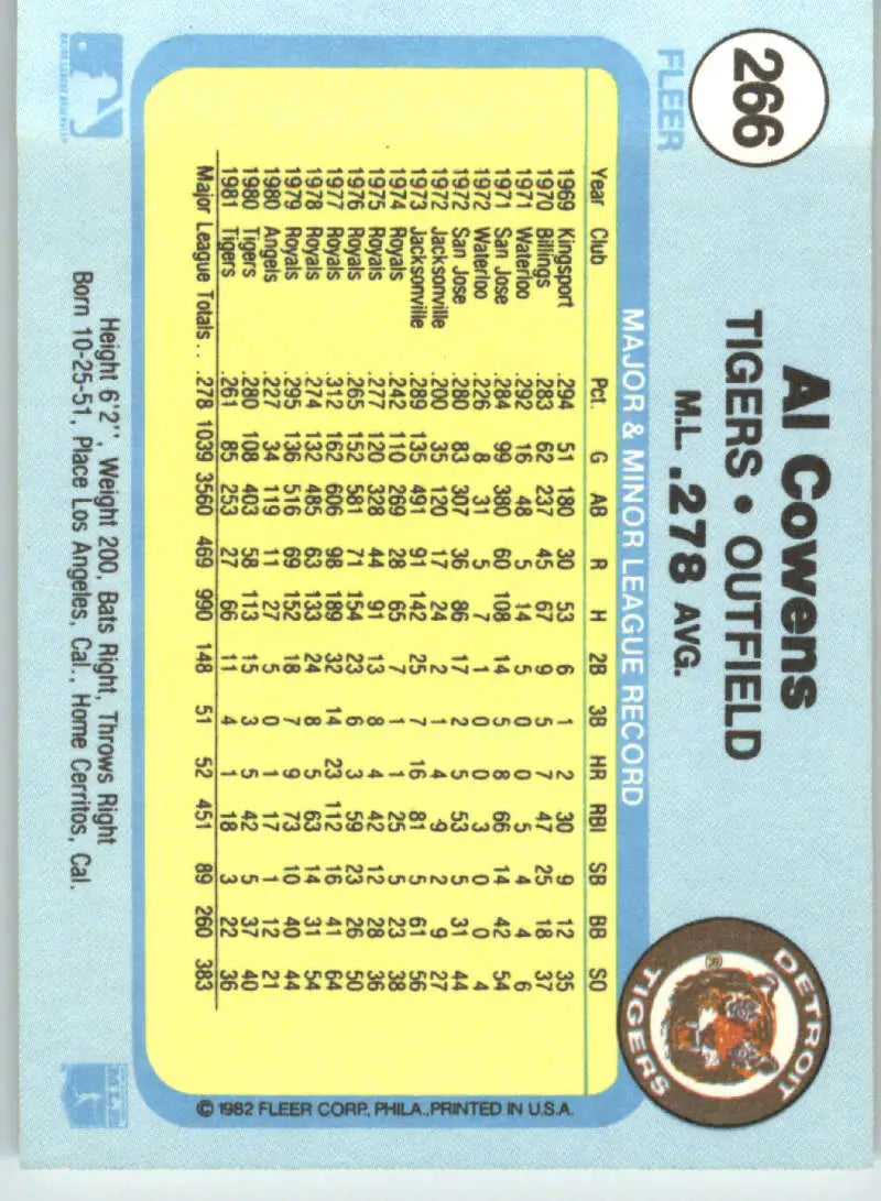 1982 Fleer #266 Al Cowens EX Excellent Detroit Tigers Baseball Card - Baseball Card Single