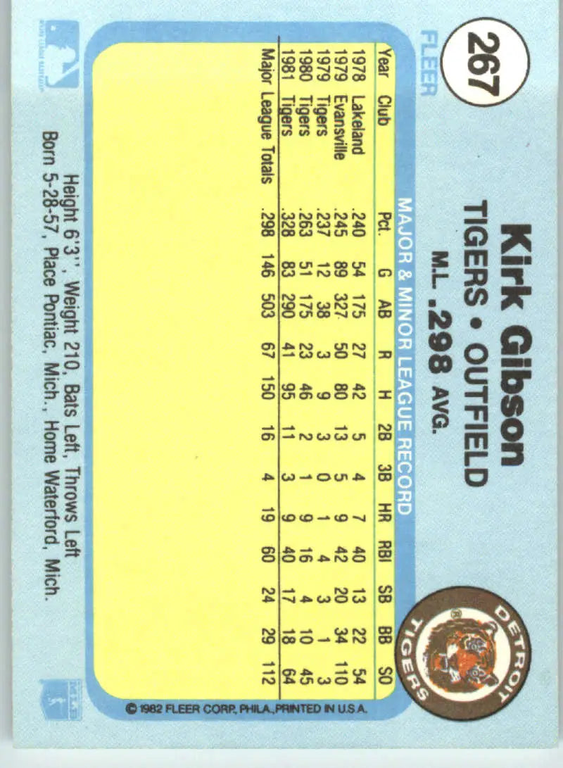 1982 Fleer #267 Kirk Gibson EX Excellent Detroit Tigers Baseball Card - Baseball Card Single