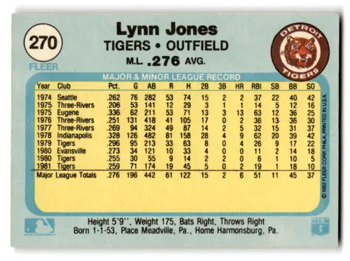 1982 Fleer #270 Lynn Jones EX/NM Tigers ID:82330 - Baseball Card Single
