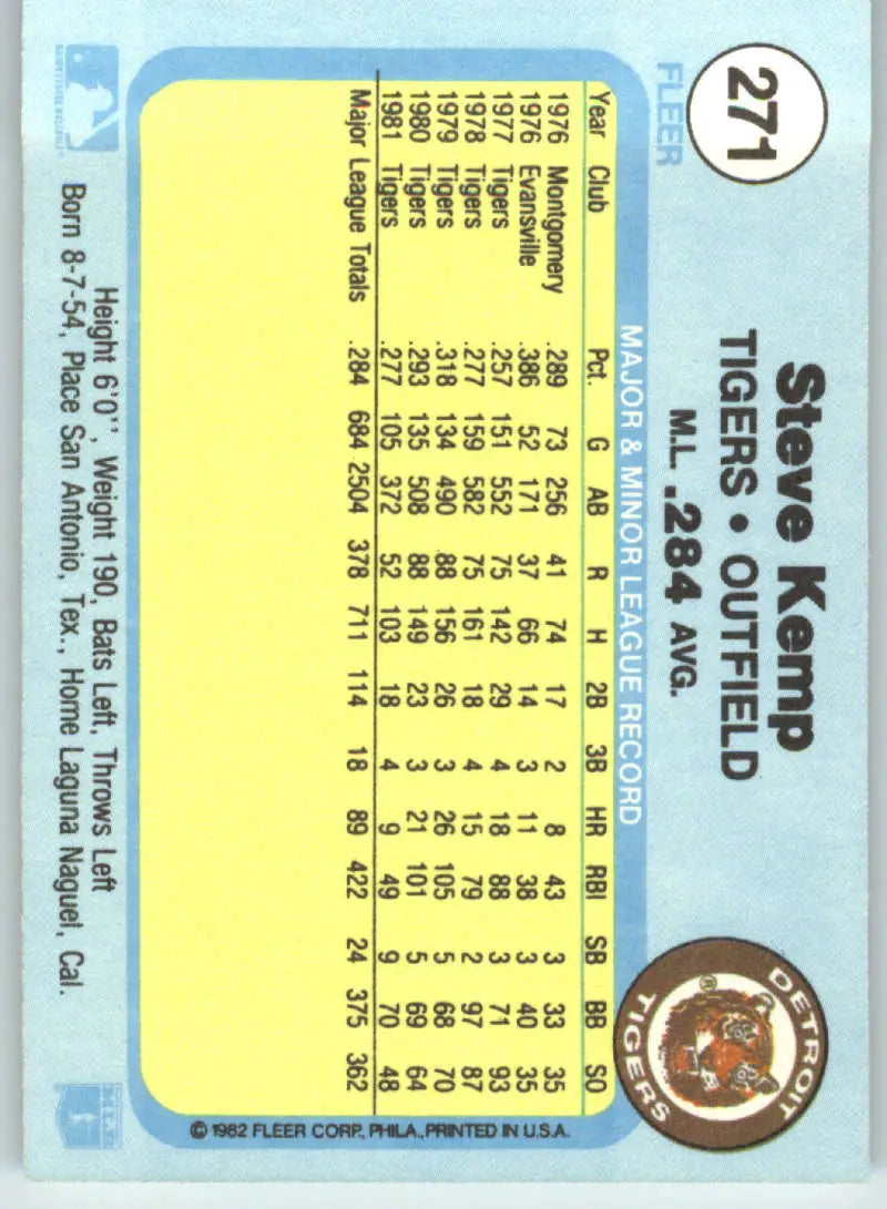 1982 Fleer #271 Steve Kemp EX Excellent Detroit Tigers Baseball Card - Baseball Card Single