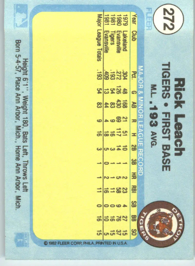 1982 Fleer #272 Rick Leach EX Excellent RC Rookie Detroit Tigers Baseball Card - Baseball Card Single