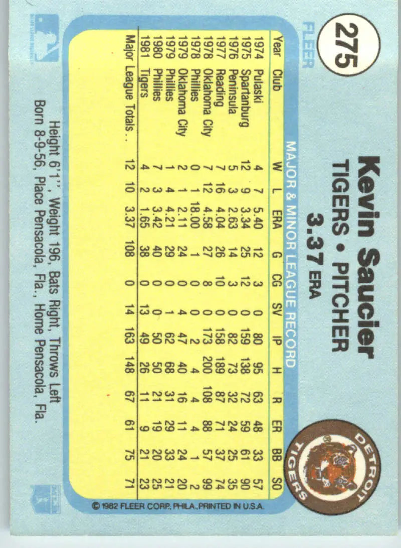 1982 Fleer #275 Kevin Saucier EX Excellent Detroit Tigers Baseball Card - Baseball Card Single
