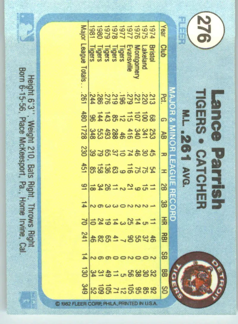 1982 Fleer #276 Lance Parrish EX Excellent Detroit Tigers Baseball Card - Baseball Card Single