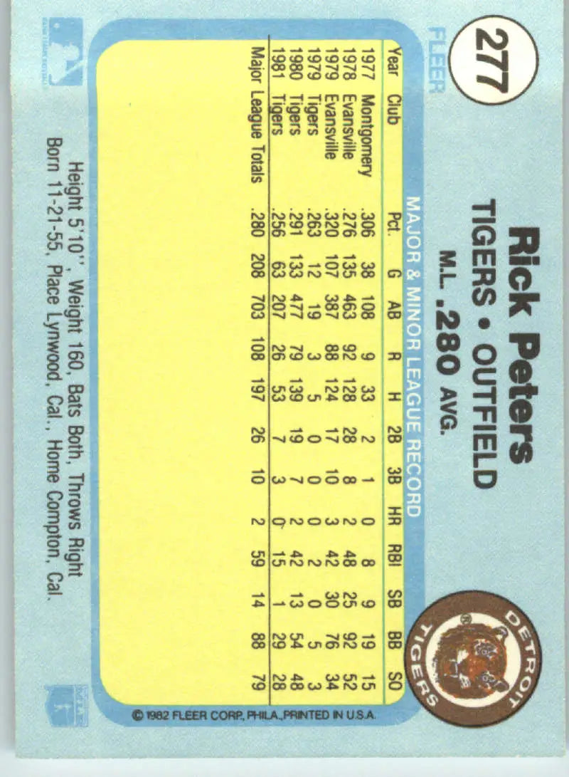 1982 Fleer #277 Rick Peters EX Excellent Detroit Tigers Baseball Card - Baseball Card Single