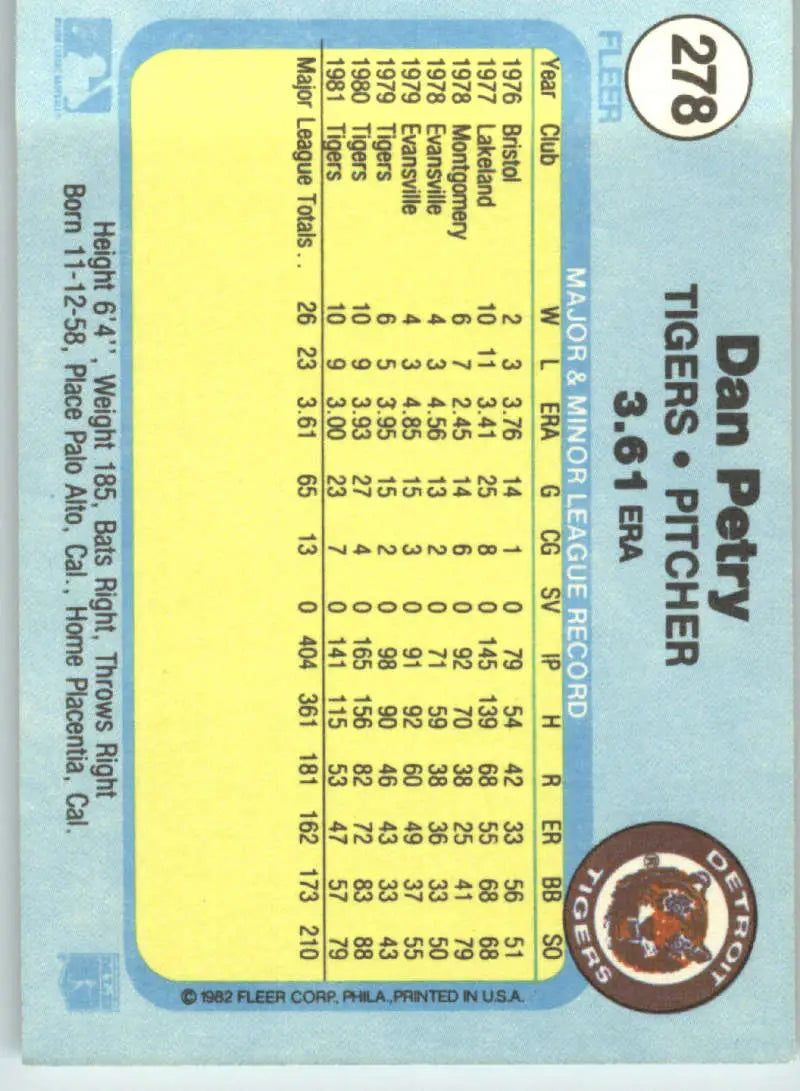 1982 Fleer #278 Dan Petry EX Excellent Detroit Tigers Baseball Card - Baseball Card Single