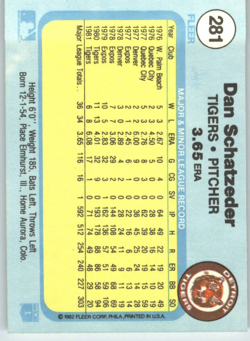 1982 Fleer #281 Dan Schatzeder EX Excellent Detroit Tigers Baseball Card - Baseball Card Single
