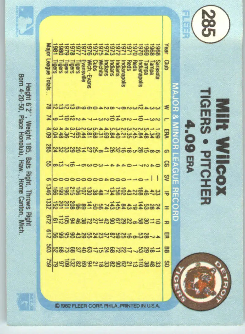 1982 Fleer #285 Milt Wilcox EX Excellent Detroit Tigers Baseball Card - Baseball Card Single