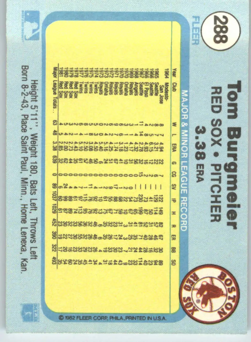 1982 Fleer #288 Tom Burgmeier EX Excellent Boston Red Sox Baseball Card - Baseball Card Single