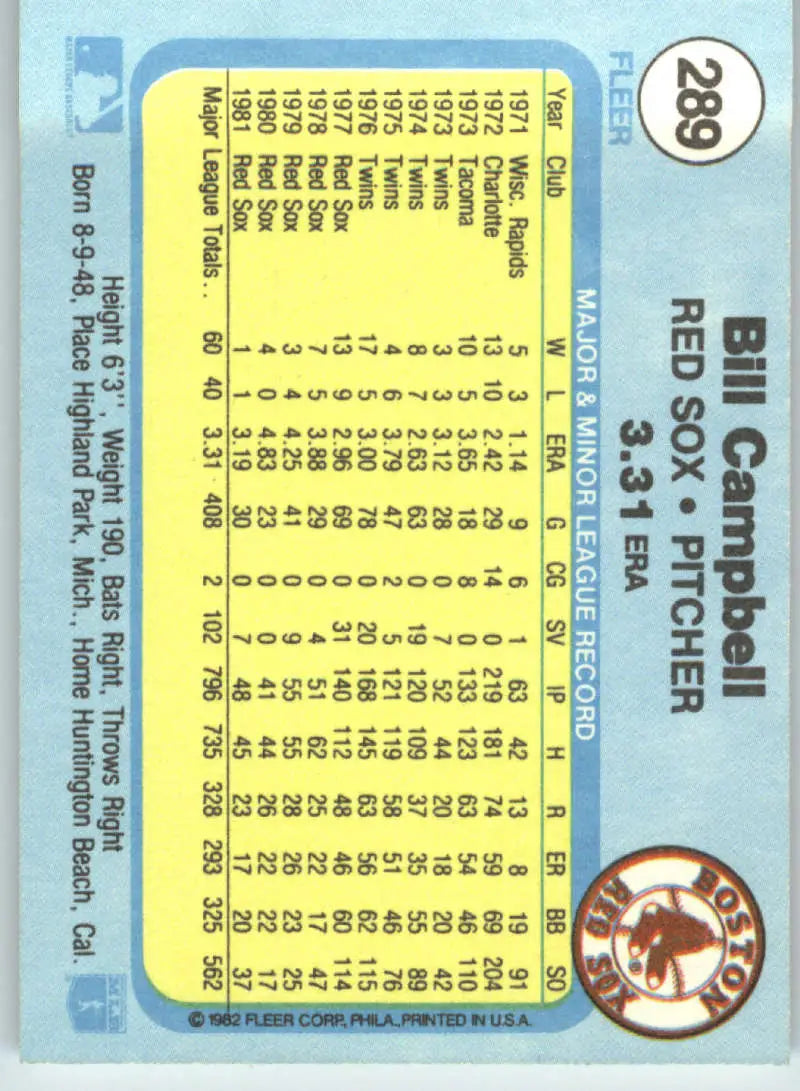 1982 Fleer #289 Bill Campbell EX Excellent Boston Red Sox Baseball Card - Baseball Card Single