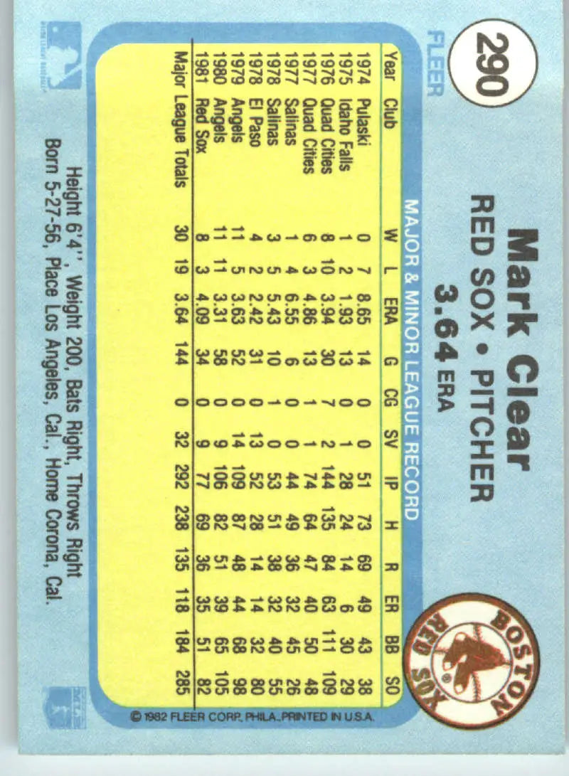 1982 Fleer #290 Mark Clear EX Excellent Boston Red Sox Baseball Card - Baseball Card Single