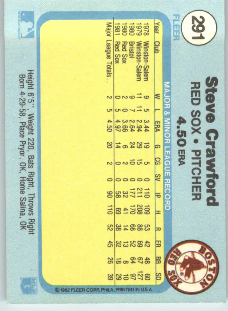 1982 Fleer #291 Steve Crawford EX Excellent RC Rookie Boston Red Sox Baseball Card - Baseball Card Single