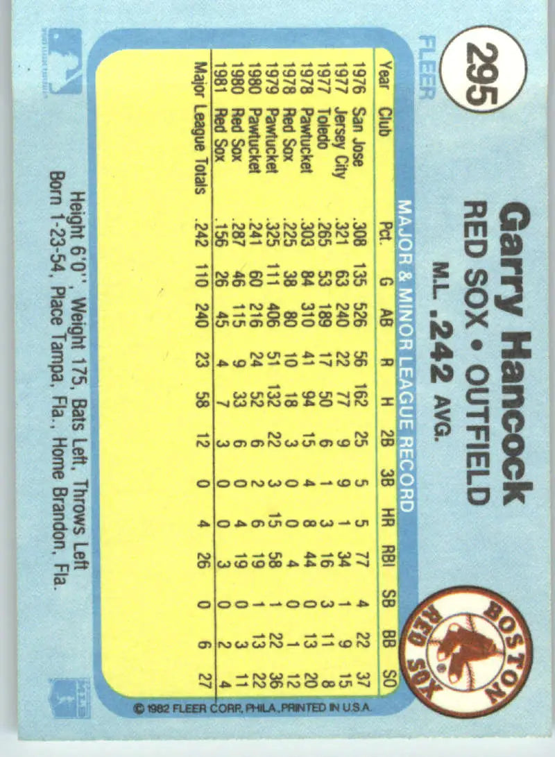 1982 Fleer #295 Garry Hancock EX Excellent Boston Red Sox Baseball Card - Baseball Card Single