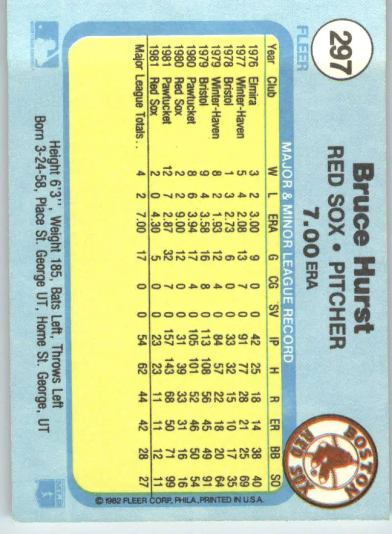 1982 Fleer #297 Bruce Hurst EX Excellent Boston Red Sox Baseball Card - Baseball Card Single
