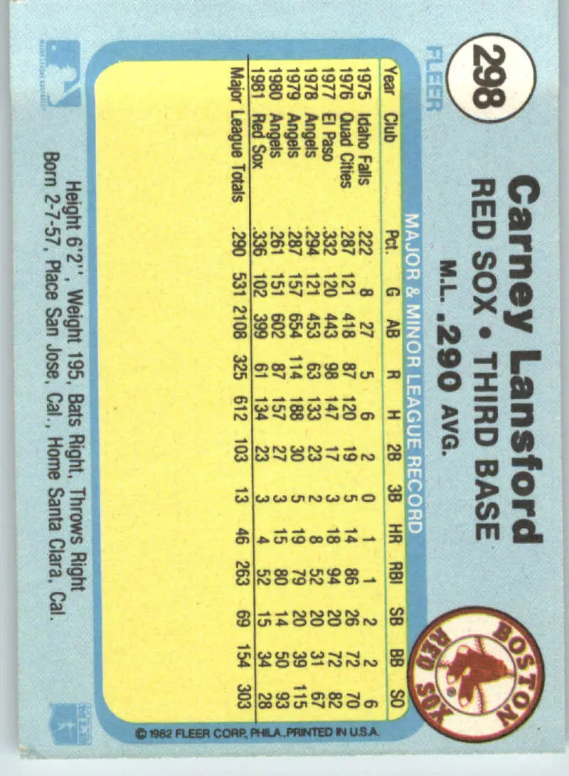 1982 Fleer #298 Carney Lansford EX Excellent Boston Red Sox Baseball Card - Baseball Card Single