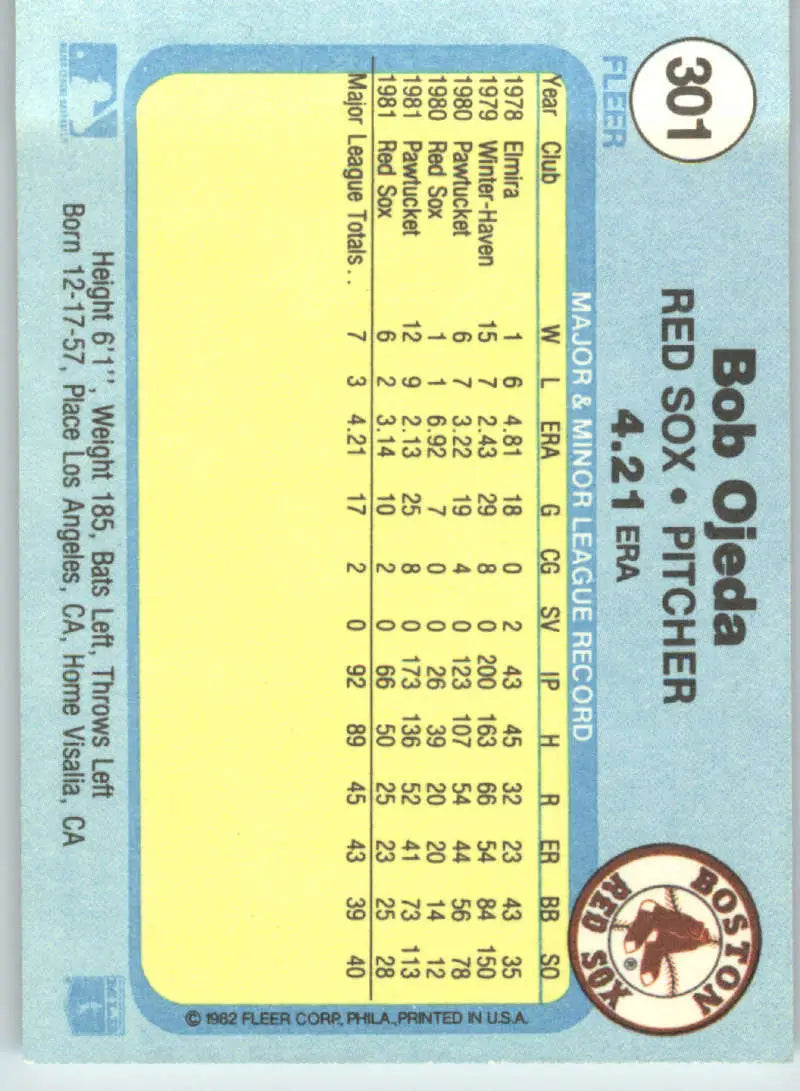 1982 Fleer #301 Bob Ojeda EX Excellent RC Rookie Boston Red Sox Baseball Card - Baseball Card Single