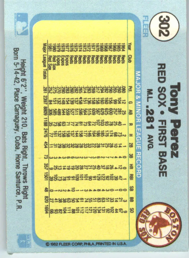 1982 Fleer #302 Tony Perez EX Excellent Boston Red Sox Baseball Card - Baseball Card Single