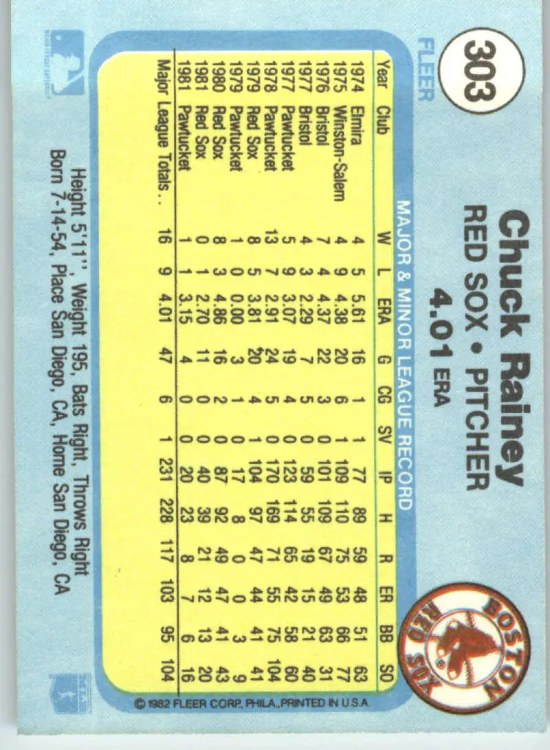 1982 Fleer #303 Chuck Rainey EX Excellent Boston Red Sox Baseball Card - Baseball Card Single