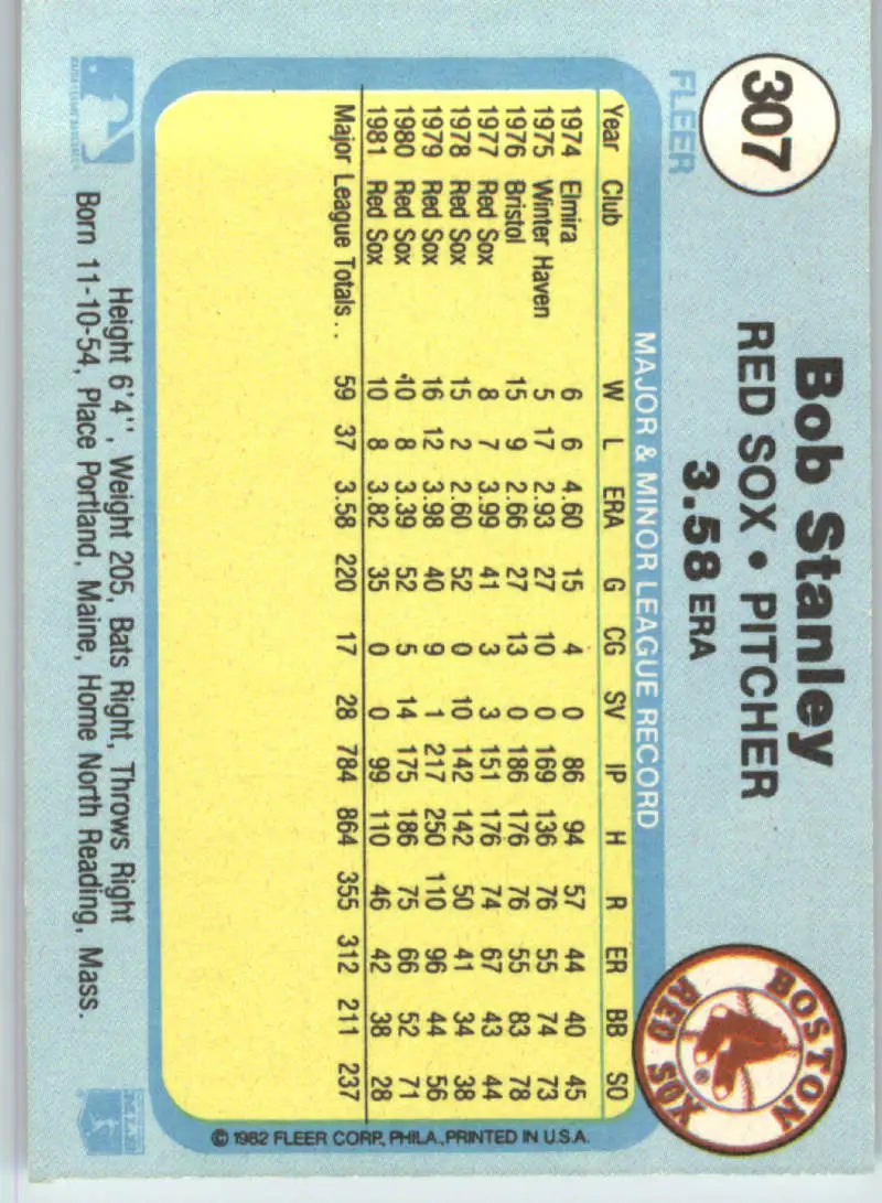 1982 Fleer #307 Bob Stanley EX Excellent Boston Red Sox Baseball Card - Baseball Card Single