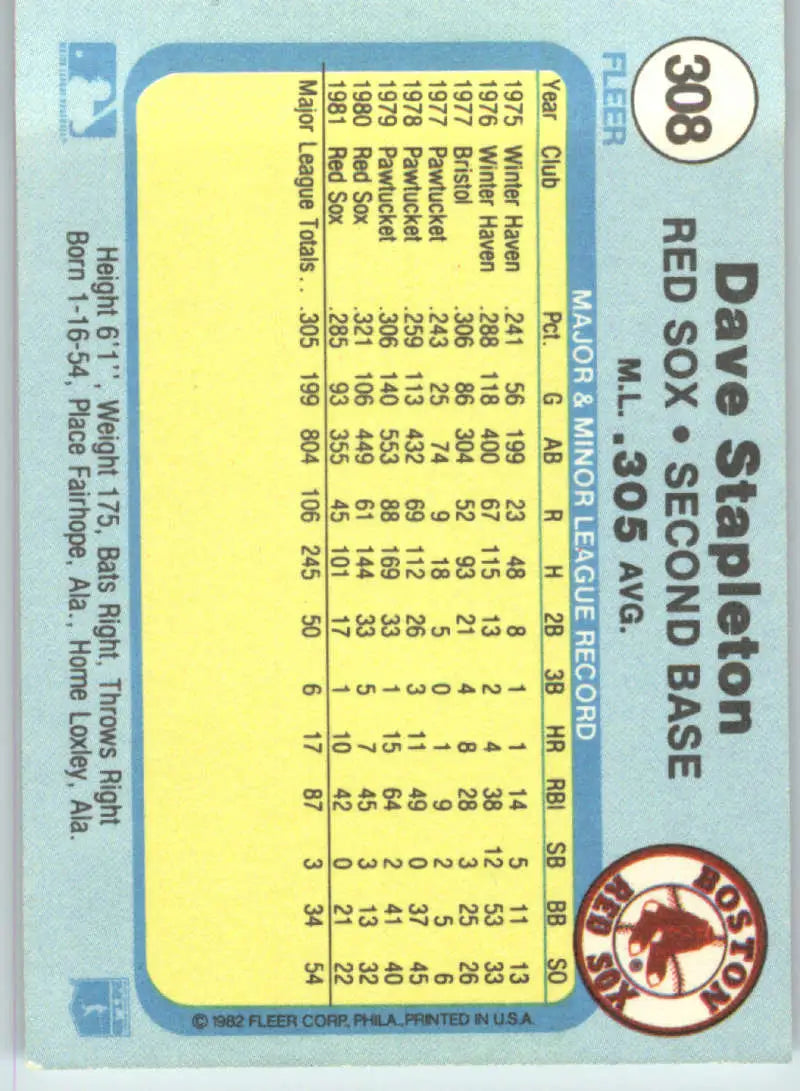 1982 Fleer #308 Dave Stapleton EX Excellent Boston Red Sox Baseball Card - Baseball Card Single