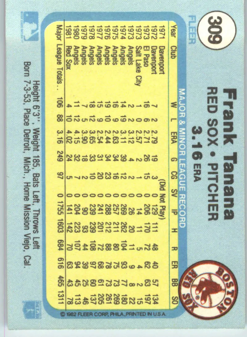 1982 Fleer #309 Frank Tanana EX Excellent Boston Red Sox Baseball Card - Baseball Card Single