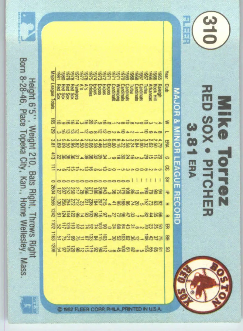 1982 Fleer #310 Mike Torrez EX Excellent Boston Red Sox Baseball Card - Baseball Card Single