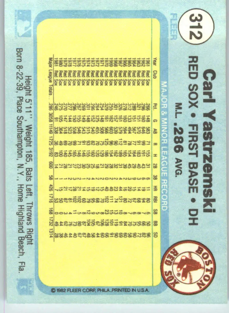 1982 Fleer #312 Carl Yastrzemski EX Excellent Boston Red Sox Baseball Card - Baseball Card Single
