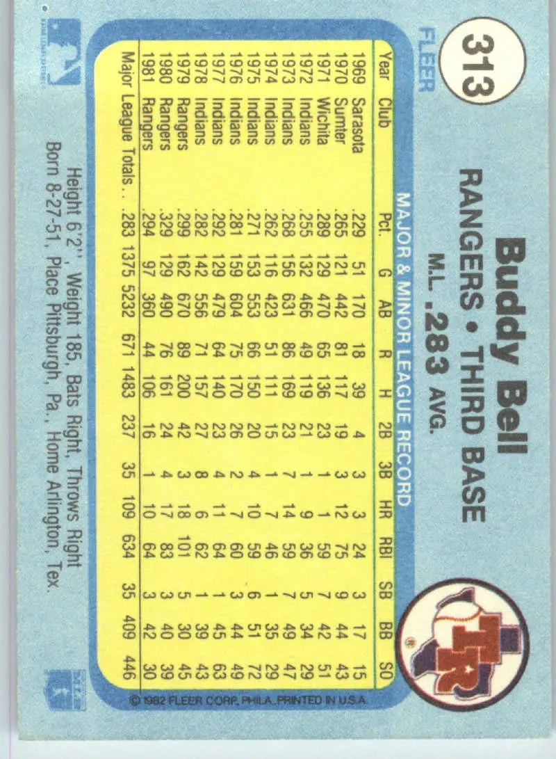 1982 Fleer #313 Buddy Bell EX Excellent Texas Rangers Baseball Card - Baseball Card Single