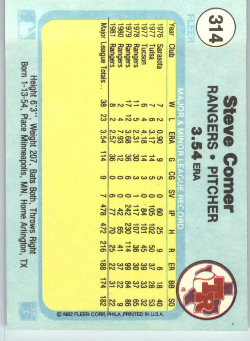 1982 Fleer #314 Steve Comer EX Excellent Texas Rangers Baseball Card - Baseball Card Single