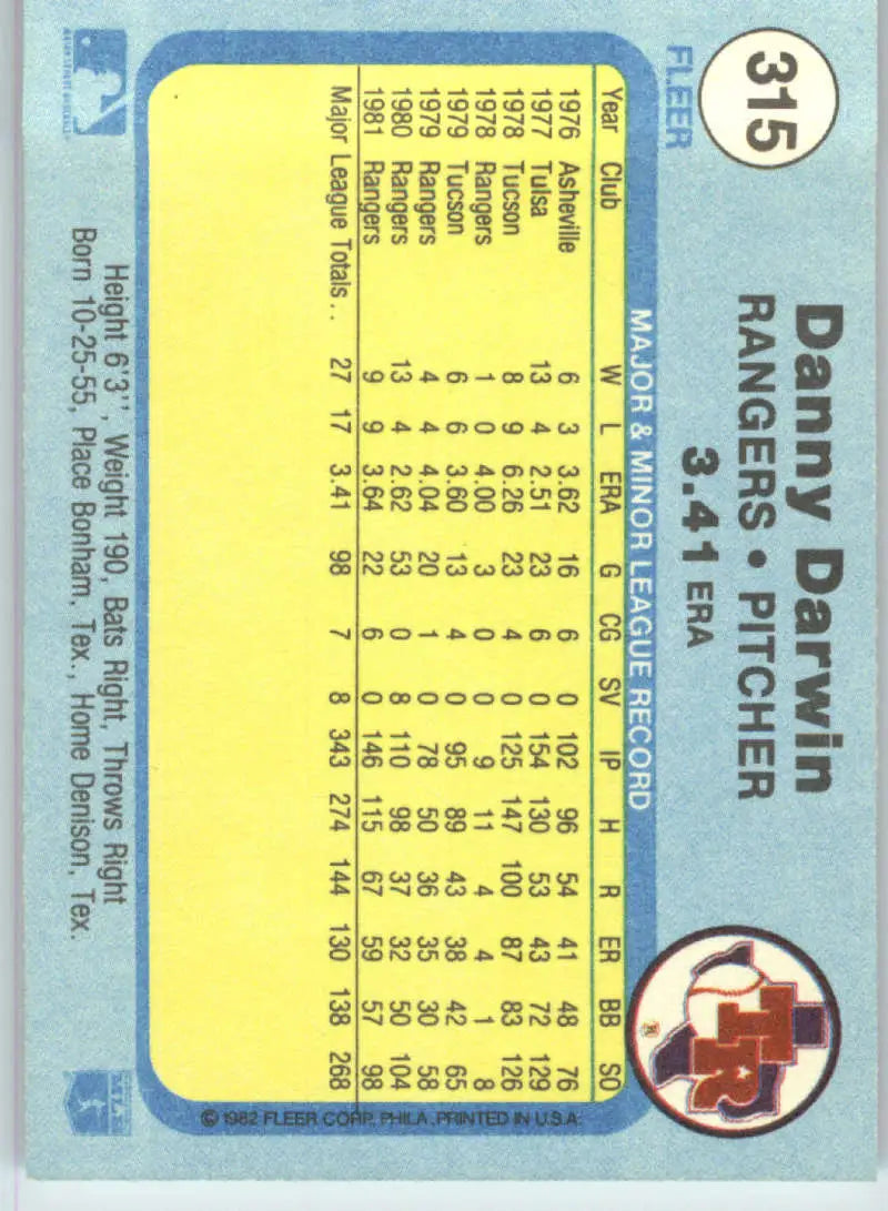 1982 Fleer #315 Danny Darwin EX Excellent Texas Rangers Baseball Card - Baseball Card Single