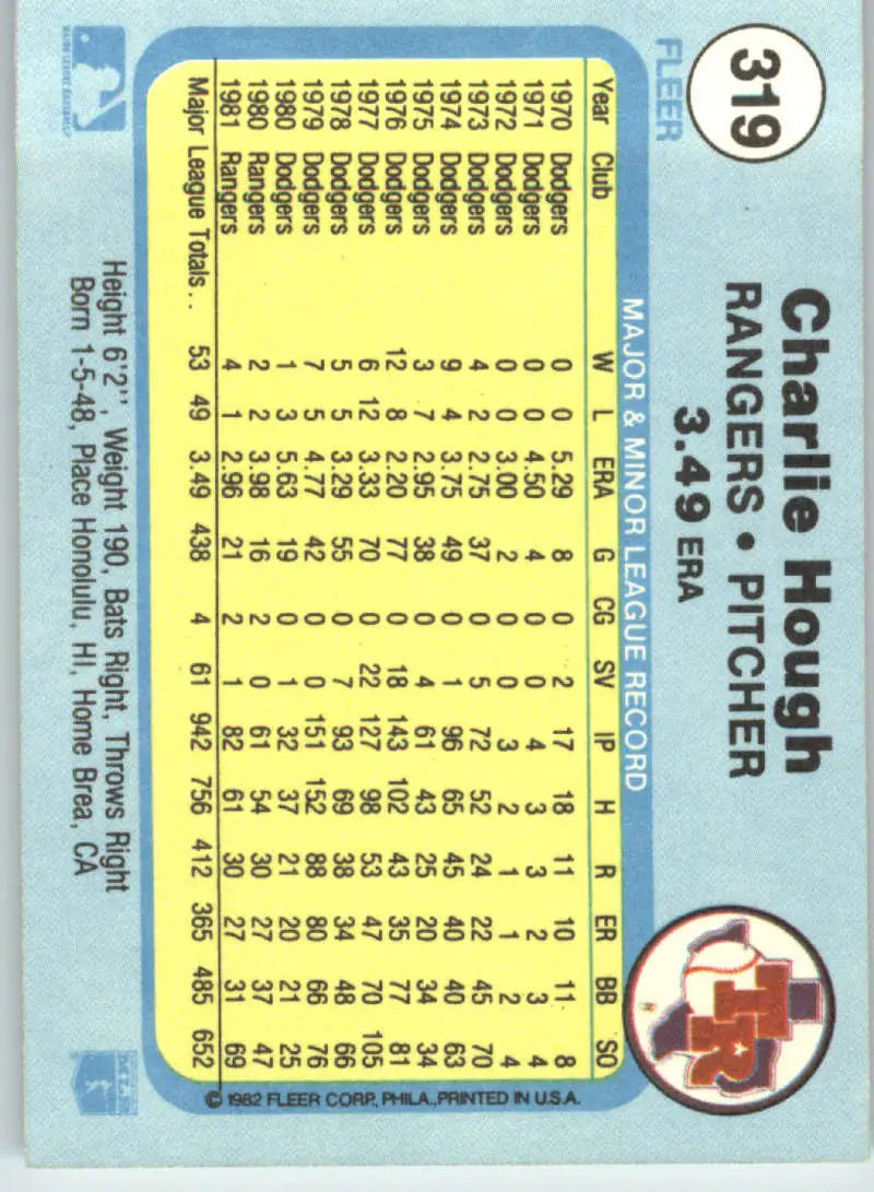 1982 Fleer #319 Charlie Hough EX Excellent Texas Rangers Baseball Card - Baseball Card Single