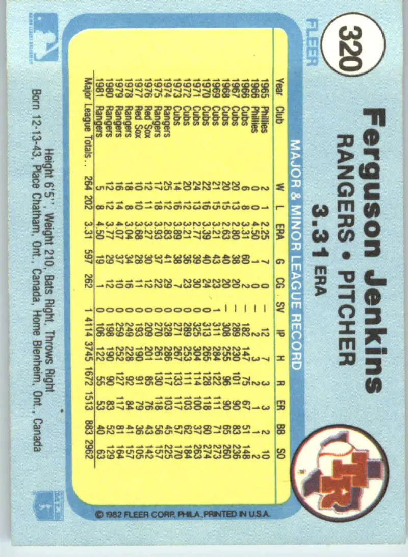 1982 Fleer #320 Fergie Jenkins EX Excellent Texas Rangers Baseball Card - Baseball Card Single