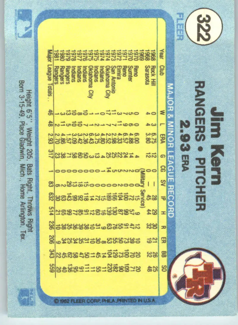 1982 Fleer #322 Jim Kern EX Excellent Texas Rangers Baseball Card - Baseball Card Single
