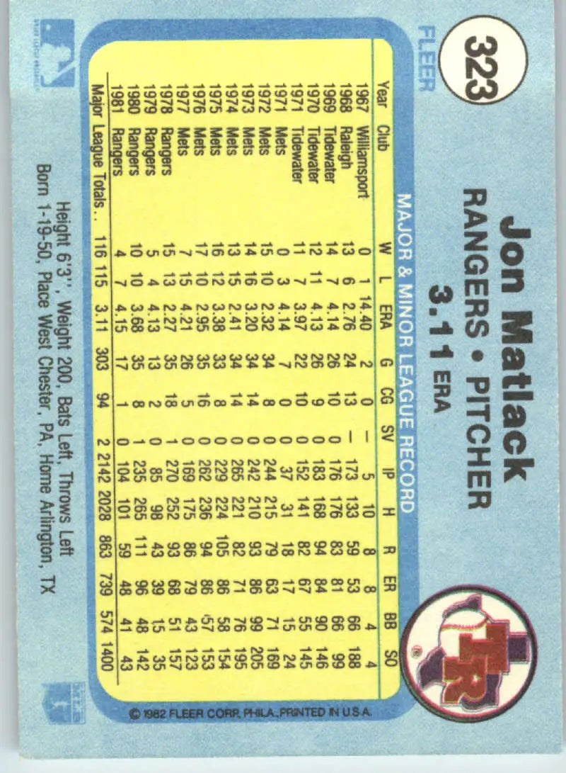 1982 Fleer #323 Jon Matlack EX Excellent Texas Rangers Baseball Card - Baseball Card Single