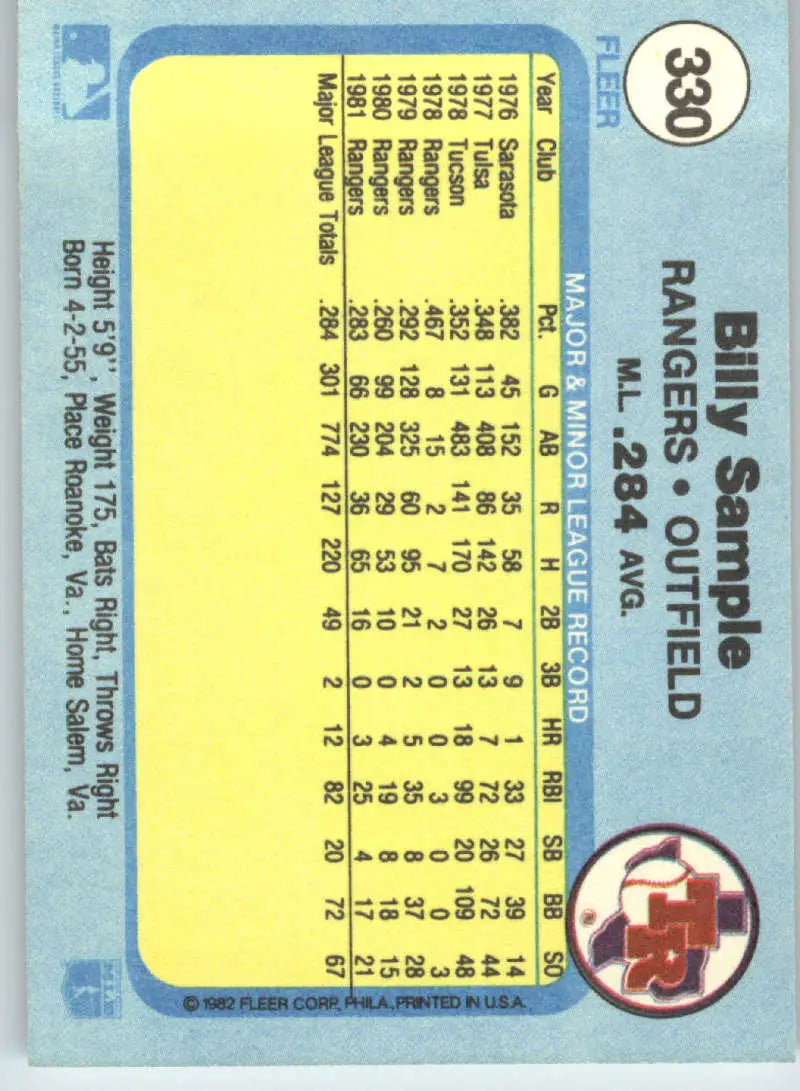 1982 Fleer #330 Billy Sample EX Excellent Texas Rangers Baseball Card - Baseball Card Single