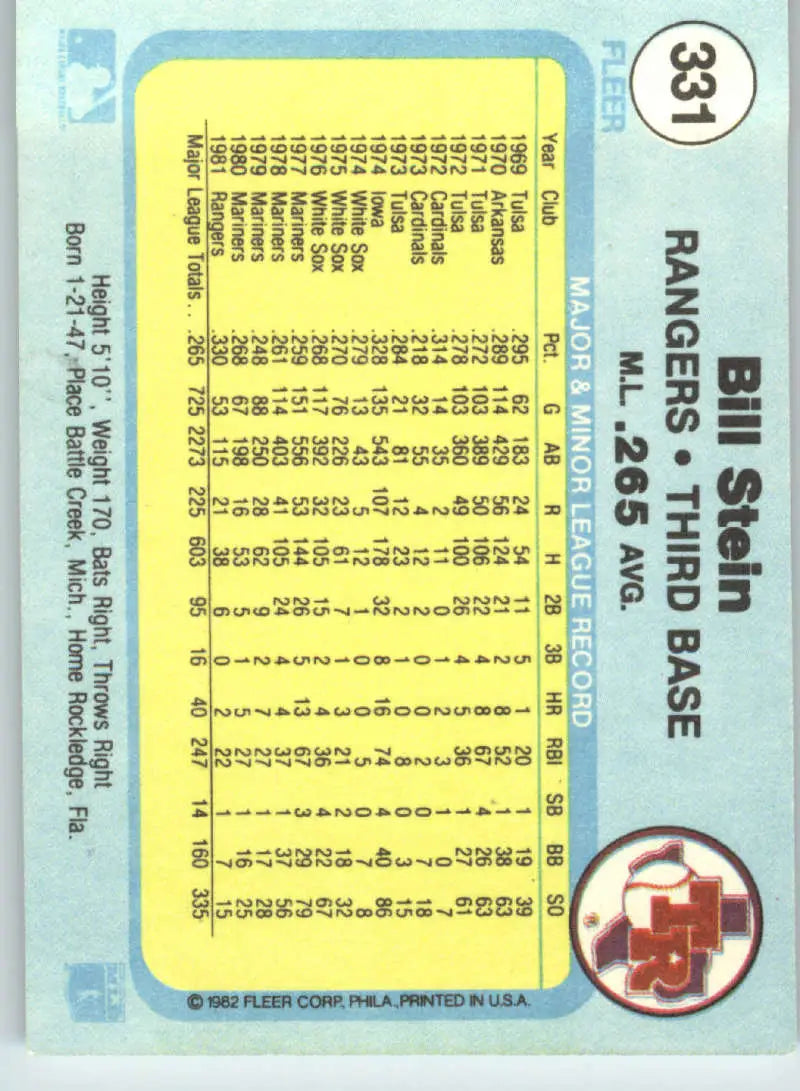 1982 Fleer #331 Bill Stein EX Excellent Texas Rangers Baseball Card - Baseball Card Single