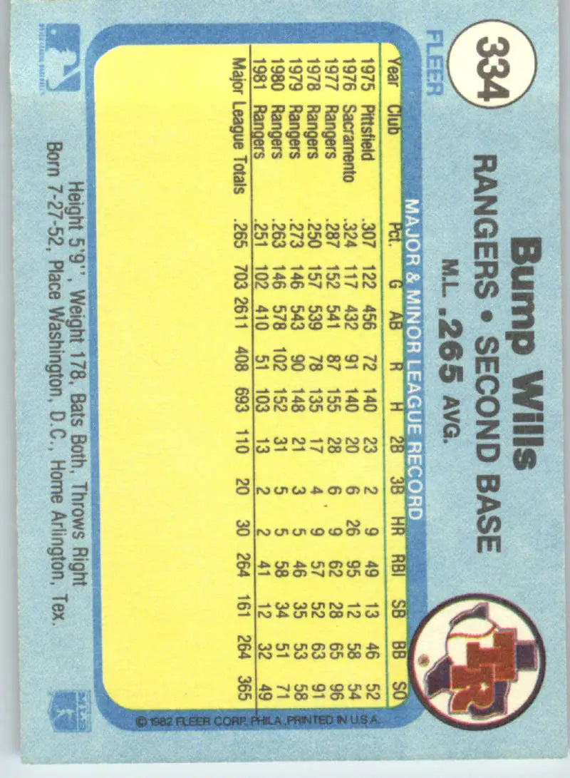 1982 Fleer #334 Bump Wills EX Excellent Texas Rangers Baseball Card - Baseball Card Single