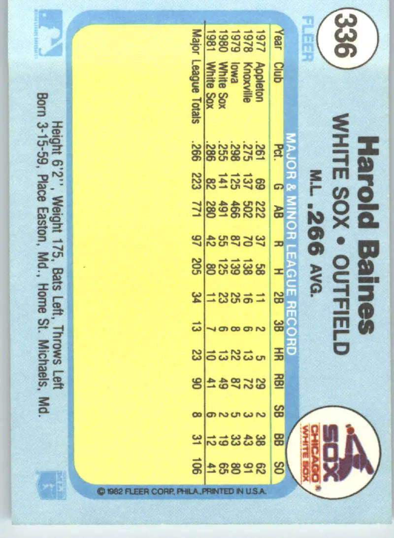 1982 Fleer #336 Harold Baines EX Excellent Chicago White Sox Baseball Card - Baseball Card Single