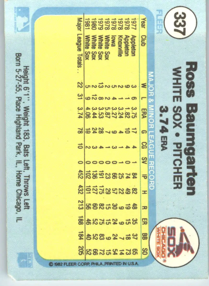 1982 Fleer #337 Ross Baumgarten EX Excellent Chicago White Sox Baseball Card - Baseball Card Single