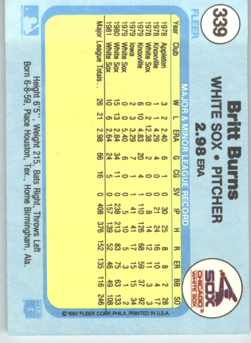 1982 Fleer #339 Britt Burns EX Excellent Chicago White Sox Baseball Card - Baseball Card Single