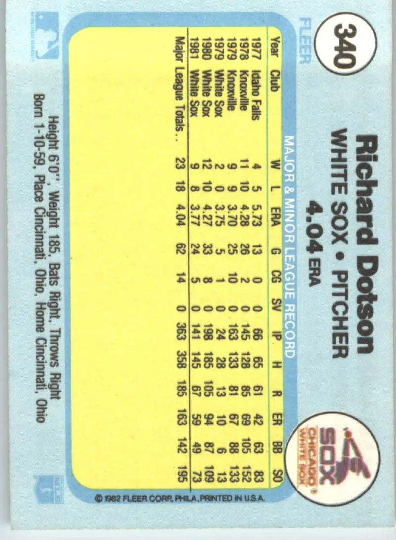 1982 Fleer #340 Richard Dotson EX Excellent Chicago White Sox Baseball Card - Baseball Card Single