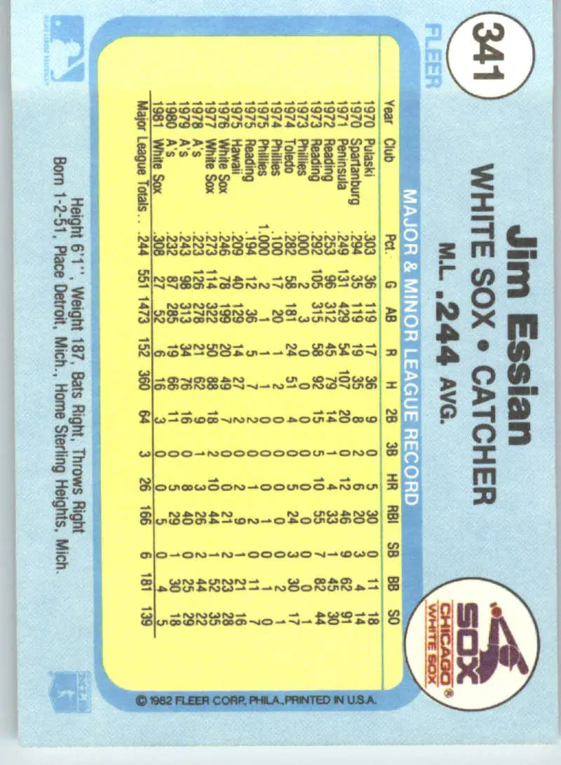 1982 Fleer #341 Jim Essian EX Excellent Chicago White Sox Baseball Card - Baseball Card Single