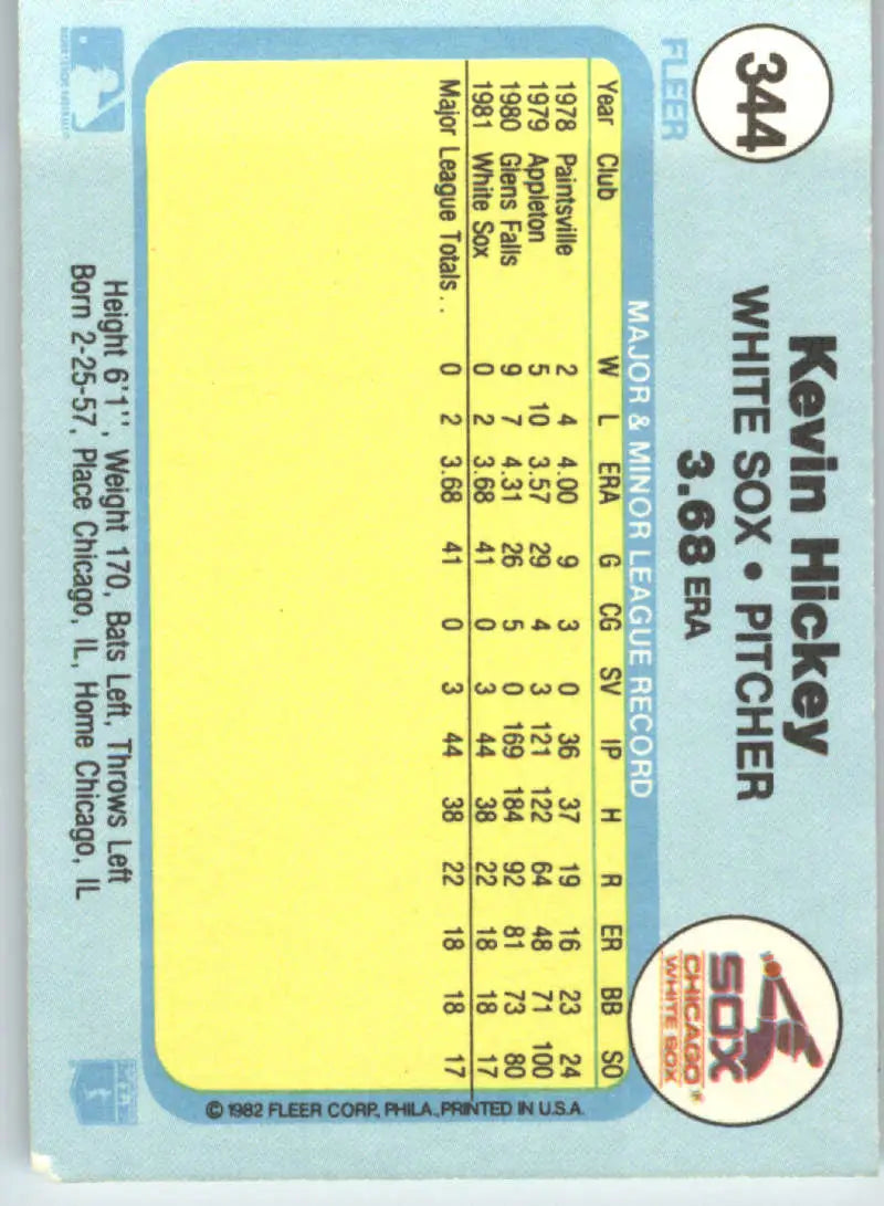 1982 Fleer #344 Kevin Hickey EX Excellent RC Rookie Chicago White Sox Baseball Card - Baseball Card Single
